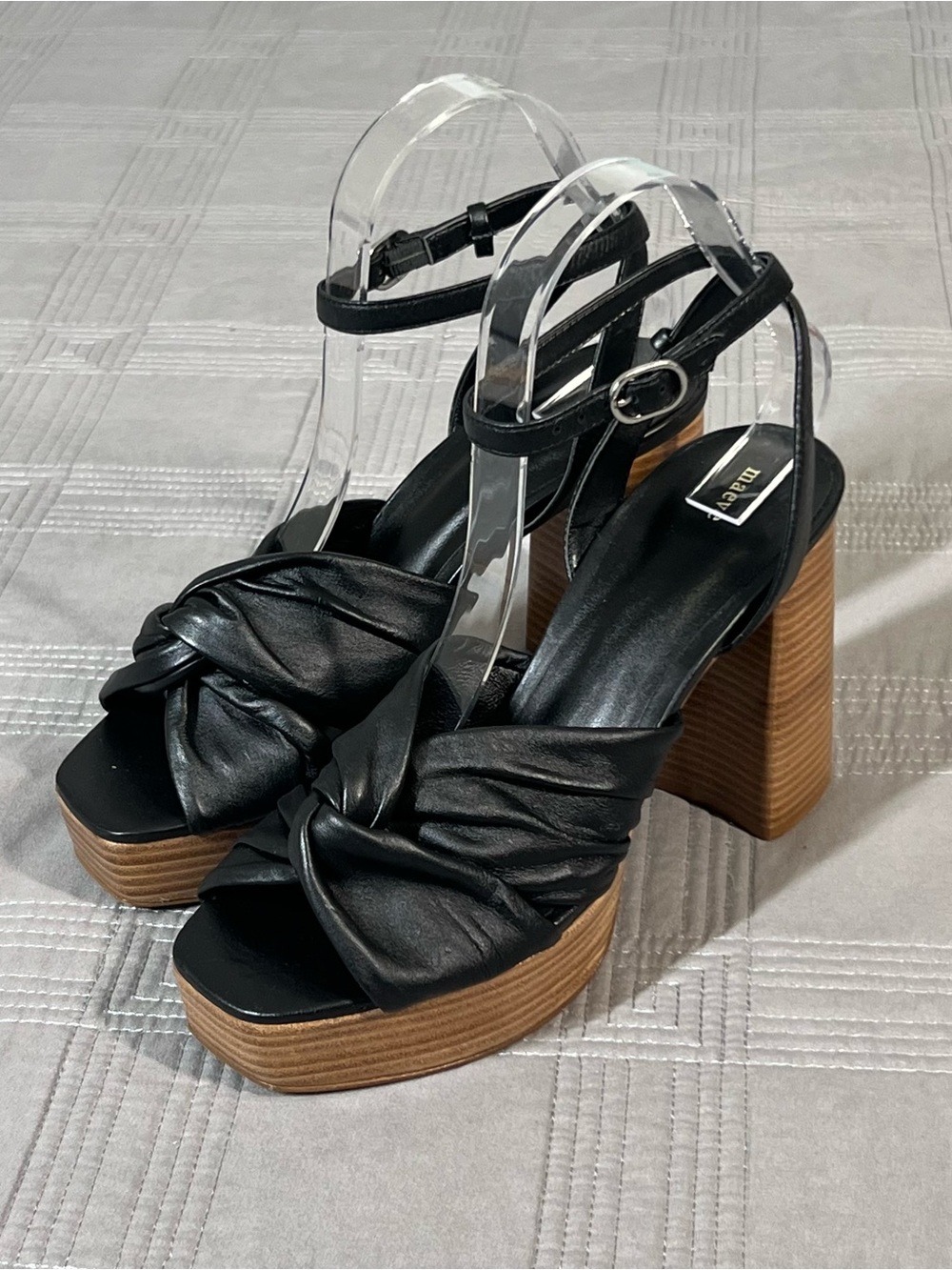 Anthropologie Maeve Leather Knot Platform Sandals Ankle Strap Black Shoe Size 7
